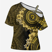 Vanuatu Cross Shoulder Shirt Hibisus Polynesian Pattern Gold LT14 Female Gold - Polynesian Pride