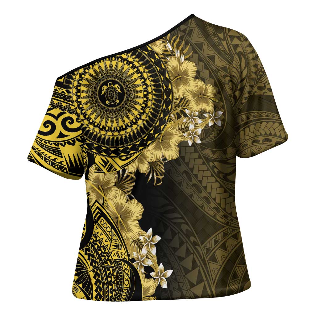 Vanuatu Cross Shoulder Shirt Hibisus Polynesian Pattern Gold LT14 - Polynesian Pride