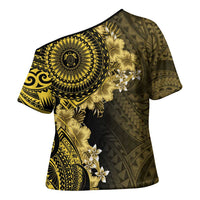 Vanuatu Cross Shoulder Shirt Hibisus Polynesian Pattern Gold LT14 - Polynesian Pride