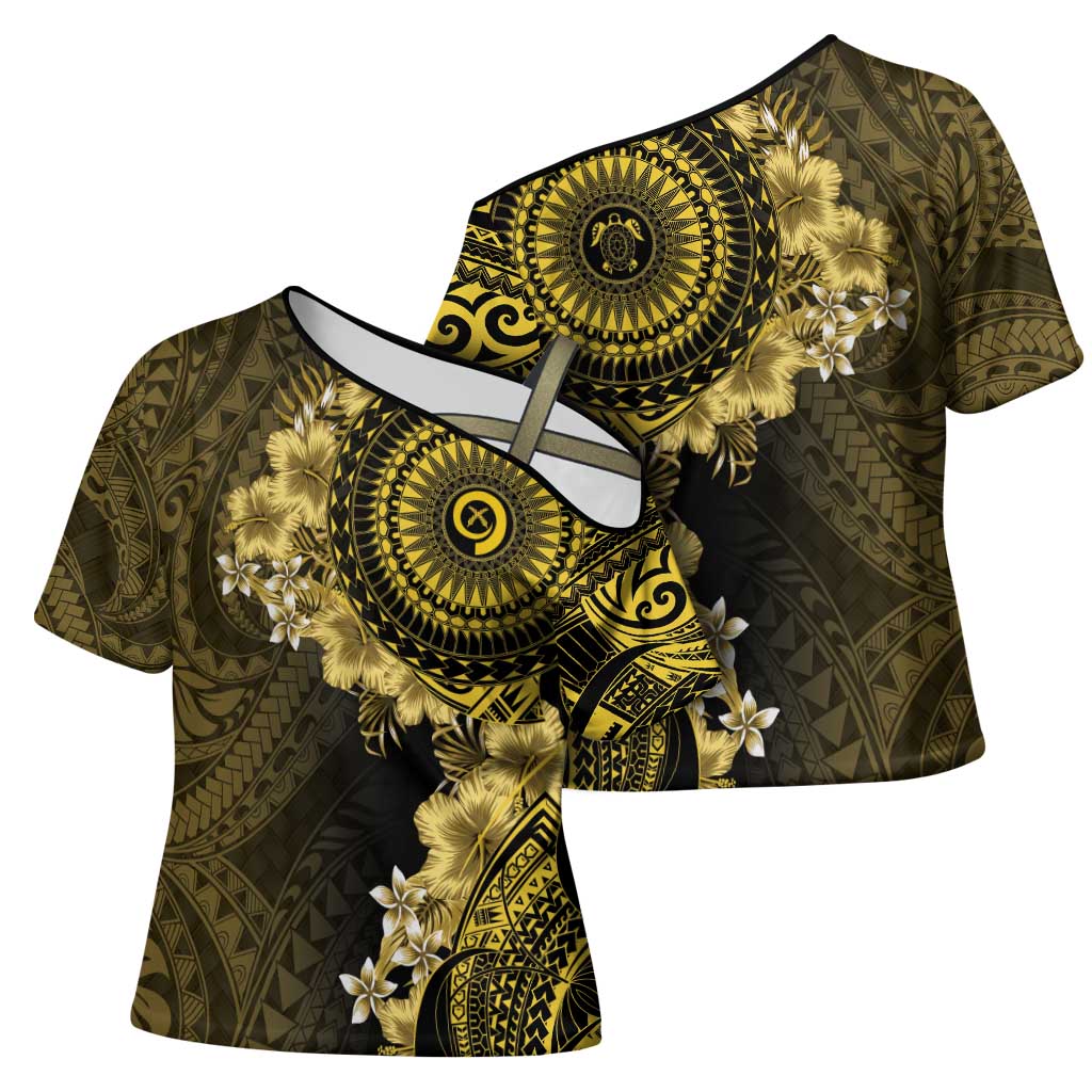 Vanuatu Cross Shoulder Shirt Hibisus Polynesian Pattern Gold LT14 - Polynesian Pride