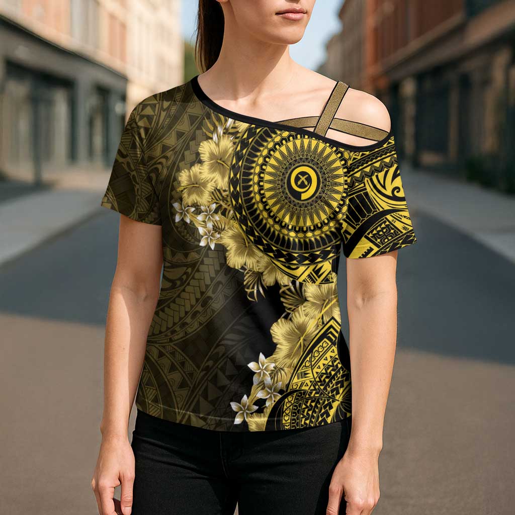 Vanuatu Cross Shoulder Shirt Hibisus Polynesian Pattern Gold LT14 - Polynesian Pride