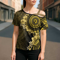 Vanuatu Cross Shoulder Shirt Hibisus Polynesian Pattern Gold LT14 - Polynesian Pride