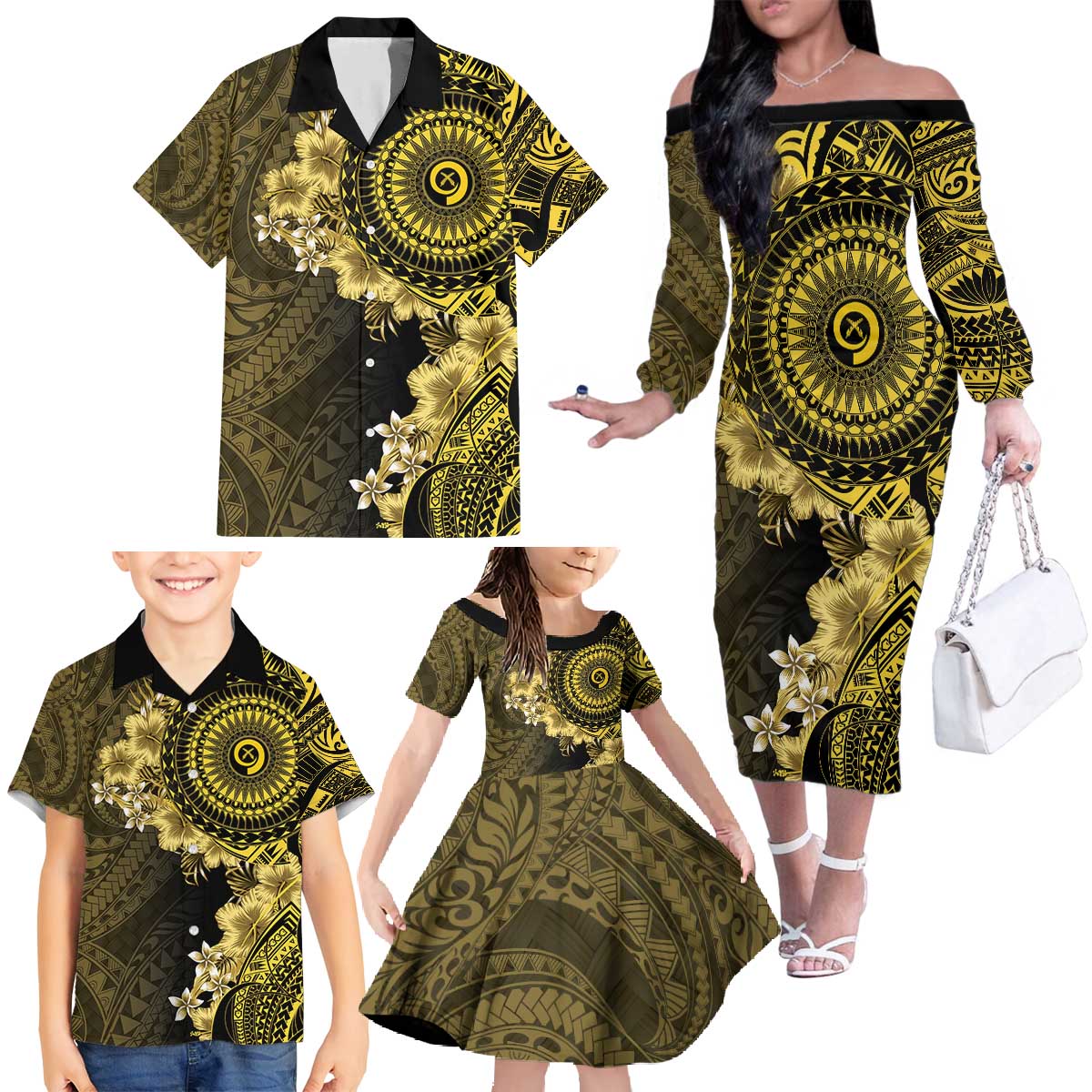 Vanuatu Family Matching Off The Shoulder Long Sleeve Dress and Hawaiian Shirt Hibisus Polynesian Pattern Gold LT14 - Polynesian Pride