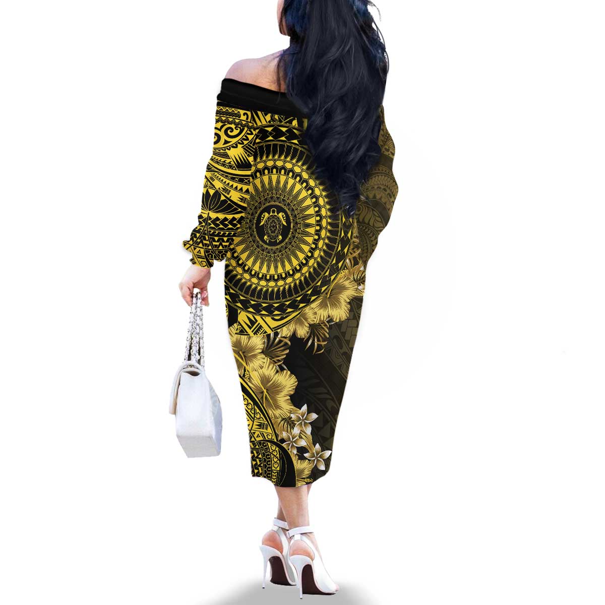 Vanuatu Family Matching Off The Shoulder Long Sleeve Dress and Hawaiian Shirt Hibisus Polynesian Pattern Gold - Polynesian Pride