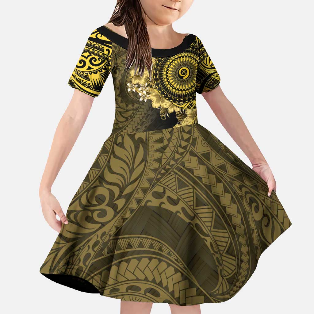 Vanuatu Family Matching Off Shoulder Maxi Dress and Hawaiian Shirt Hibisus Polynesian Pattern Gold LT14 Daughter's Dress Gold - Polynesian Pride