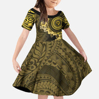Vanuatu Family Matching Off Shoulder Maxi Dress and Hawaiian Shirt Hibisus Polynesian Pattern Gold LT14 Daughter's Dress Gold - Polynesian Pride