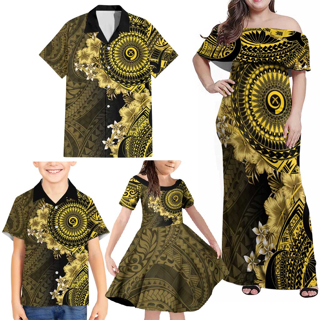 Vanuatu Family Matching Off Shoulder Maxi Dress and Hawaiian Shirt Hibisus Polynesian Pattern Gold LT14 - Polynesian Pride