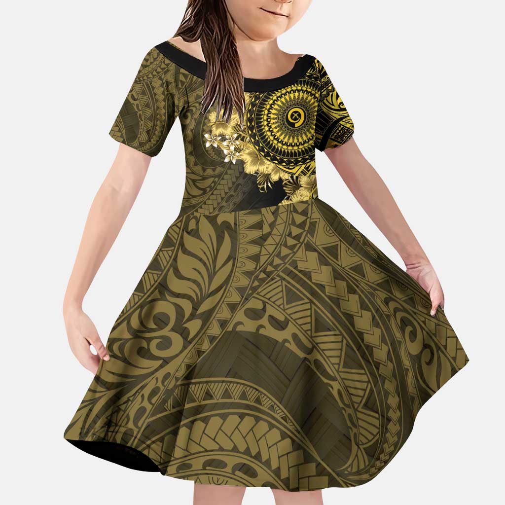 Vanuatu Family Matching Puletasi and Hawaiian Shirt Hibisus Polynesian Pattern Gold LT14 Daughter's Dress Gold - Polynesian Pride