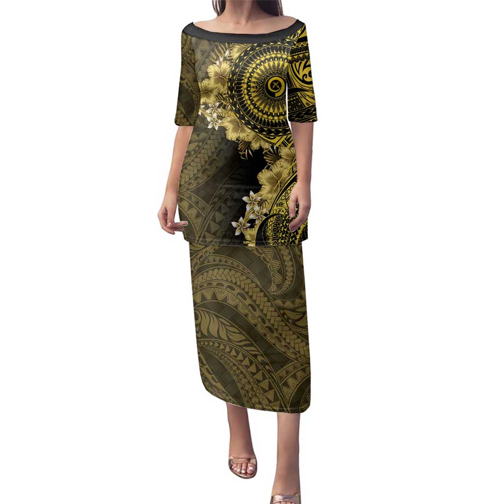 Vanuatu Family Matching Puletasi and Hawaiian Shirt Hibisus Polynesian Pattern Gold LT14 Mom's Dress Gold - Polynesian Pride