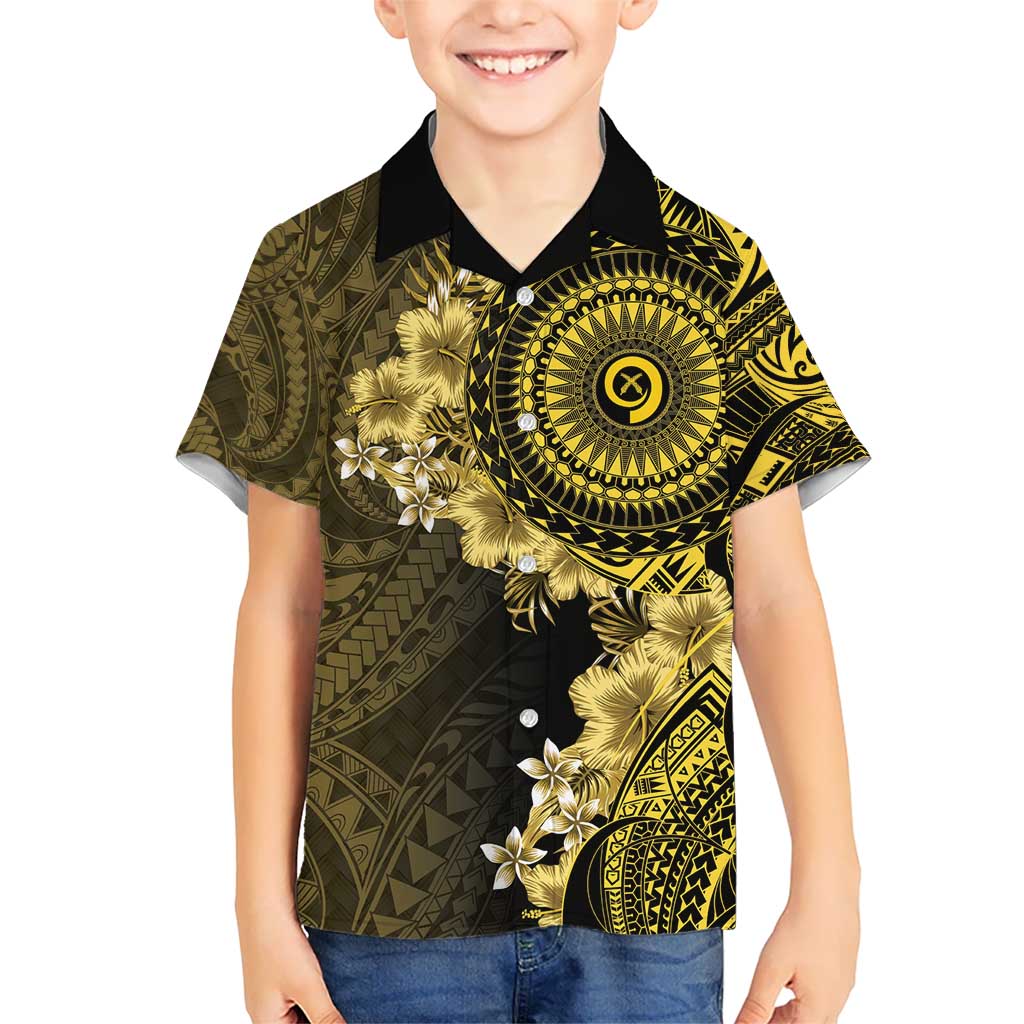 Vanuatu Kid Hawaiian Shirt Hibisus Polynesian Pattern Gold - Polynesian Pride