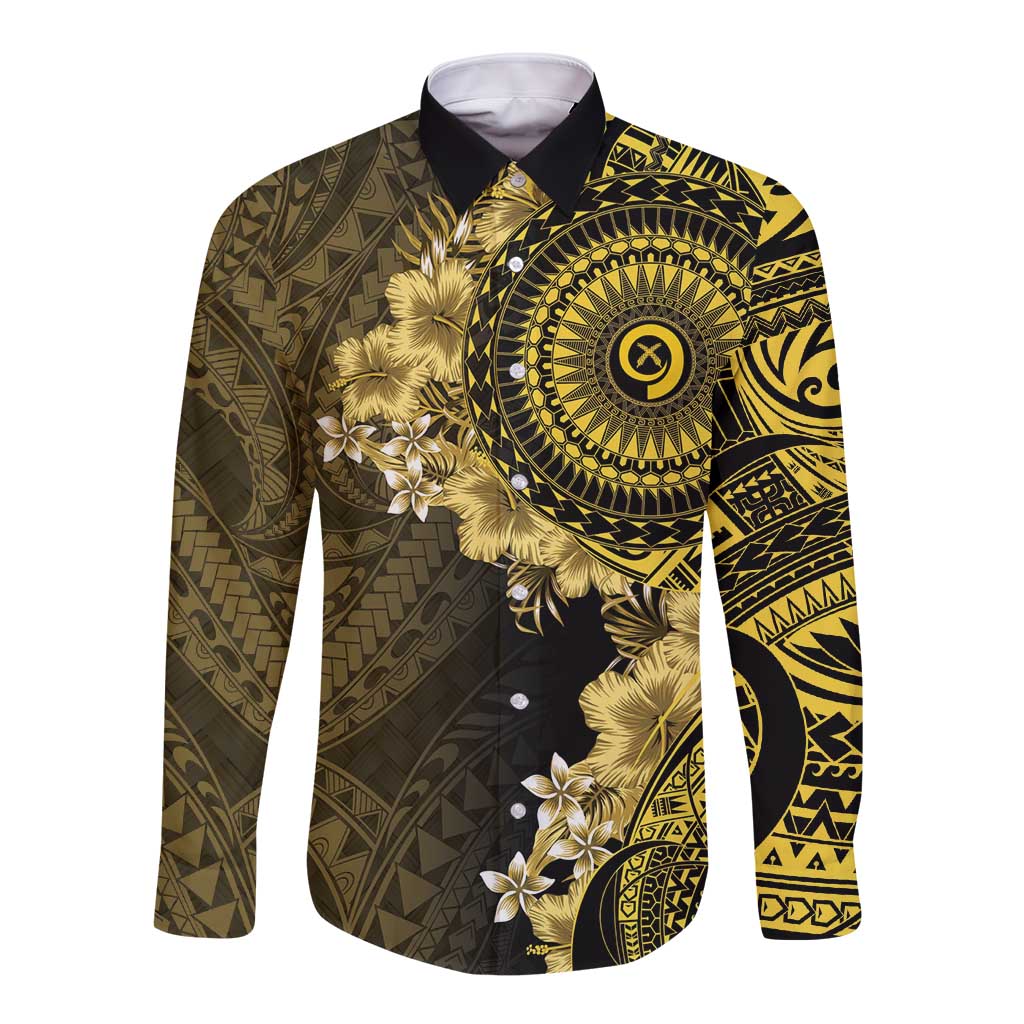 Vanuatu Long Sleeve Button Shirt Hibisus Polynesian Pattern Gold LT14 Unisex Gold - Polynesian Pride