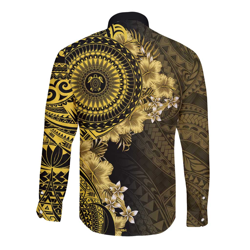 Vanuatu Long Sleeve Button Shirt Hibisus Polynesian Pattern Gold LT14 - Polynesian Pride
