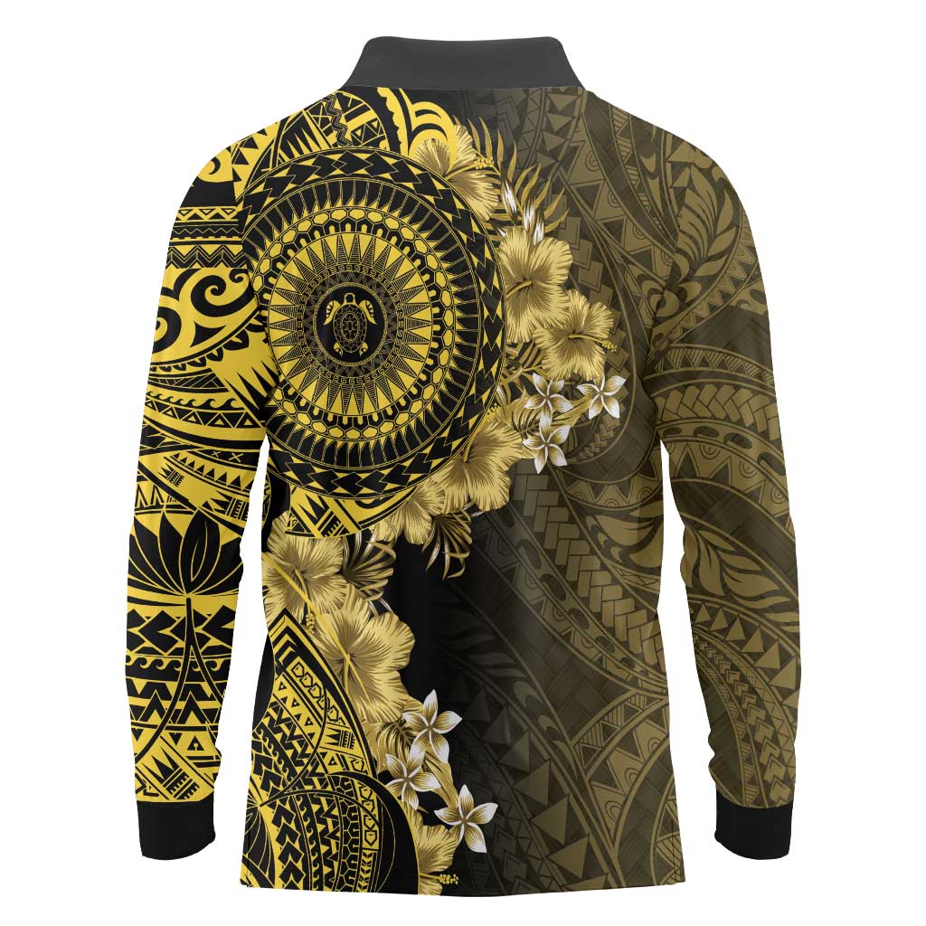 Vanuatu Long Sleeve Polo Shirt Hibisus Polynesian Pattern Gold - Polynesian Pride