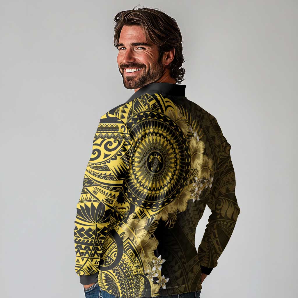 Vanuatu Long Sleeve Polo Shirt Hibisus Polynesian Pattern Gold - Polynesian Pride