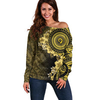 Vanuatu Off Shoulder Sweater Hibisus Polynesian Pattern Gold - Polynesian Pride