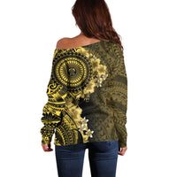 Vanuatu Off Shoulder Sweater Hibisus Polynesian Pattern Gold - Polynesian Pride