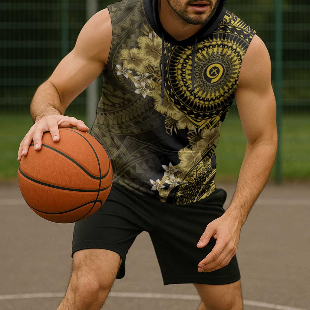 Vanuatu Sleeveless Hoodie Hibisus Polynesian Pattern Gold - Polynesian Pride