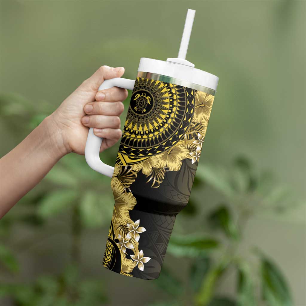 Vanuatu Tumbler With Handle Hibisus Polynesian Pattern Gold - Polynesian Pride