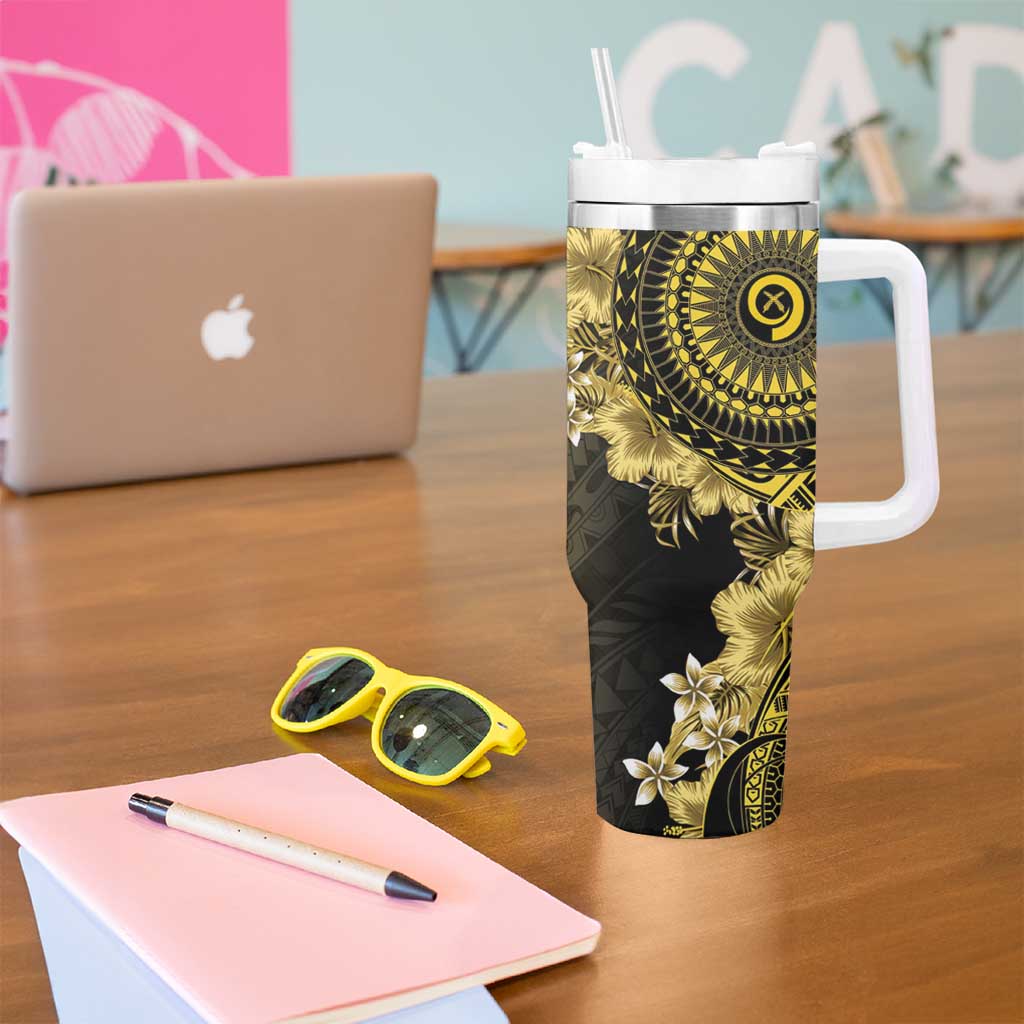 Vanuatu Tumbler With Handle Hibisus Polynesian Pattern Gold - Polynesian Pride