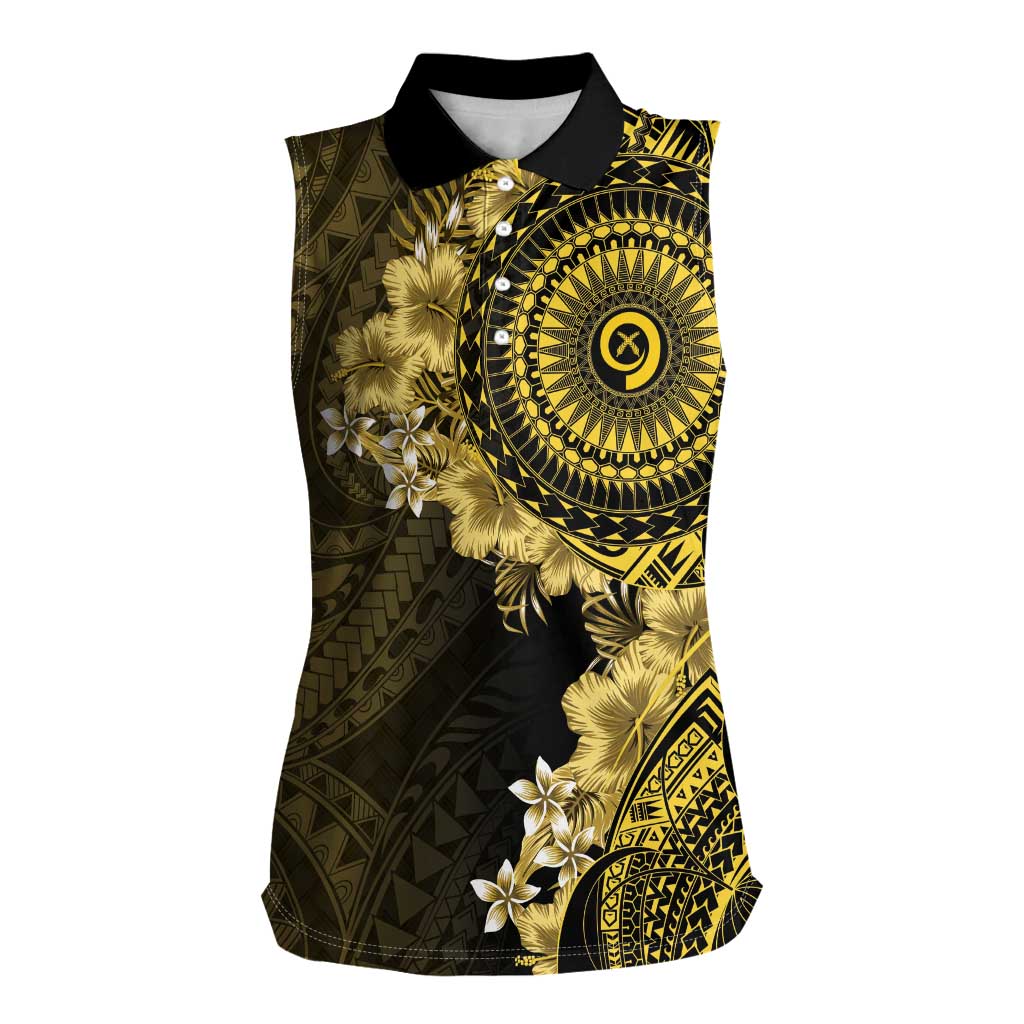 Vanuatu Women Sleeveless Polo Shirt Hibisus Polynesian Pattern Gold LT14 Female Gold - Polynesian Pride