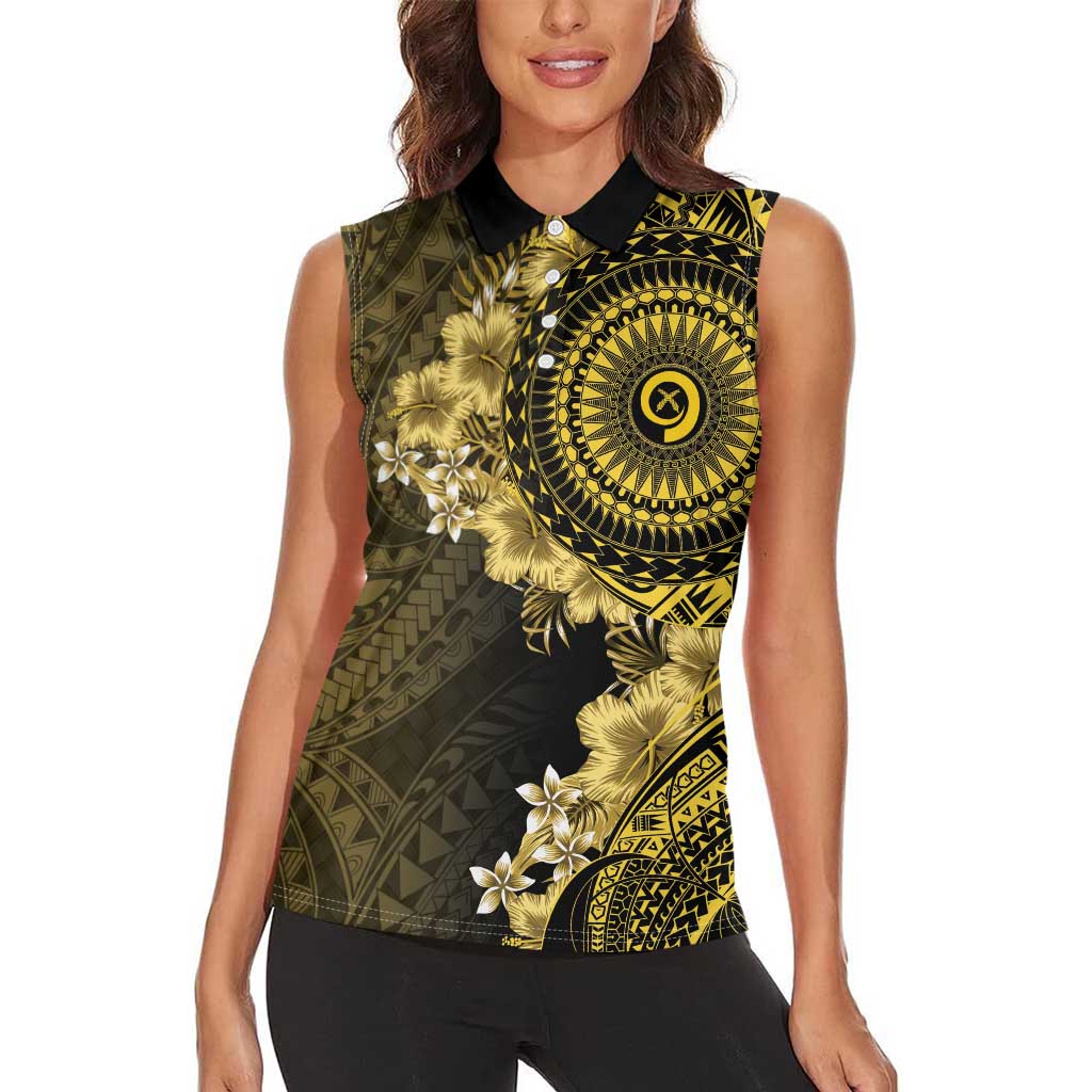 Vanuatu Women Sleeveless Polo Shirt Hibisus Polynesian Pattern Gold LT14 - Polynesian Pride