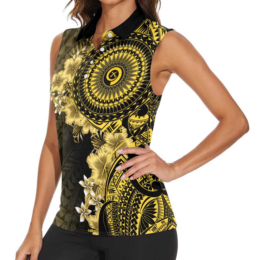 Vanuatu Women Sleeveless Polo Shirt Hibisus Polynesian Pattern Gold LT14 - Polynesian Pride
