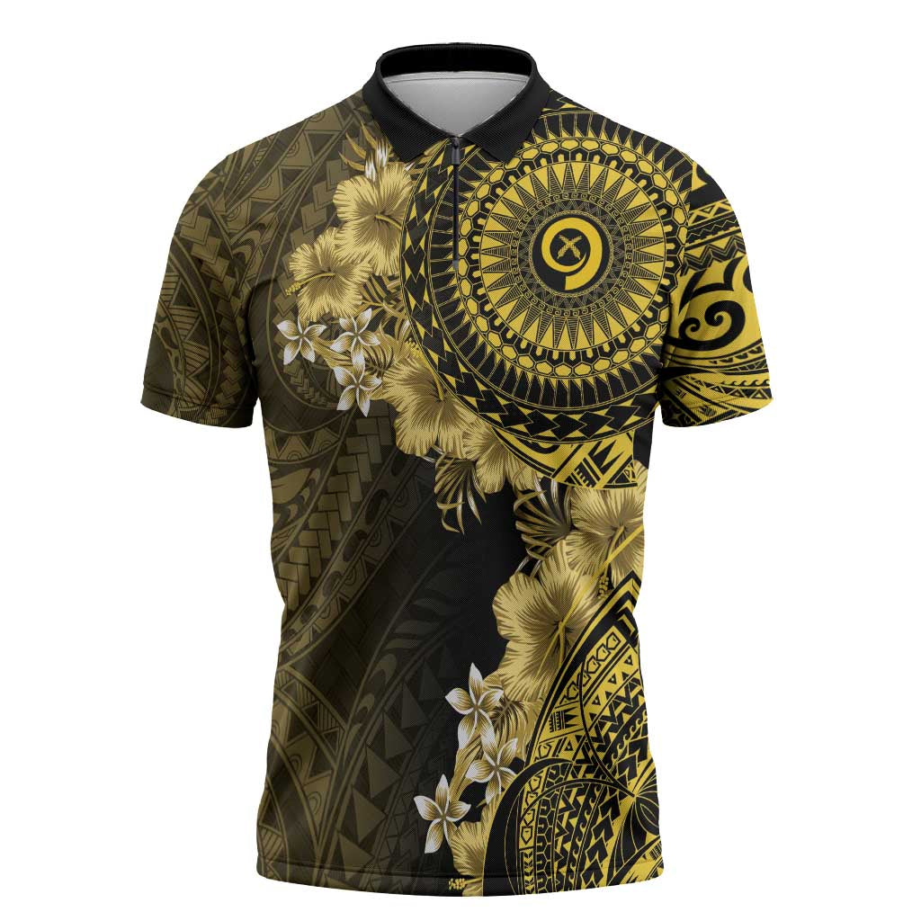 Vanuatu Zipper Polo Shirt Hibisus Polynesian Pattern Gold LT14 Gold - Polynesian Pride
