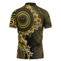 Vanuatu Zipper Polo Shirt Hibisus Polynesian Pattern Gold LT14 - Polynesian Pride