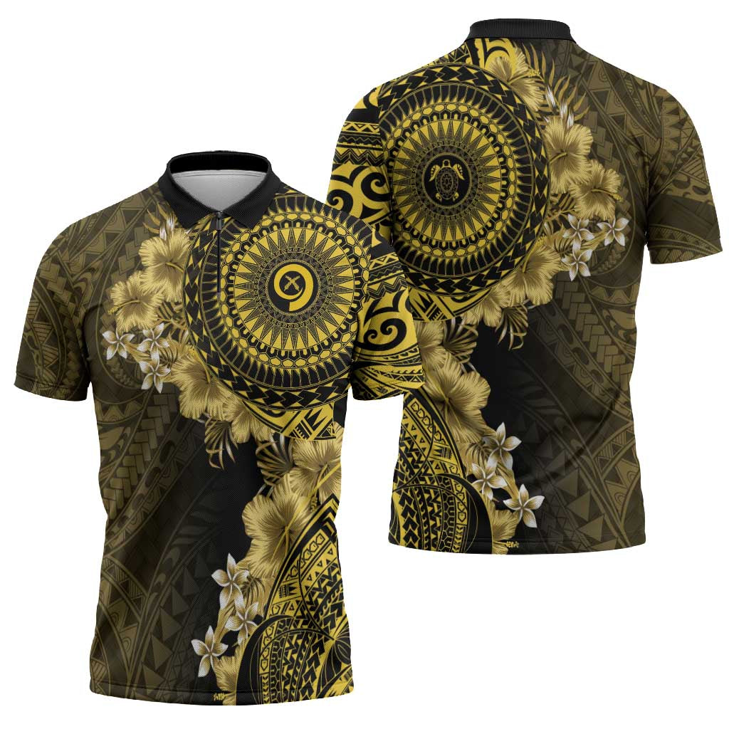 Vanuatu Zipper Polo Shirt Hibisus Polynesian Pattern Gold LT14 - Polynesian Pride