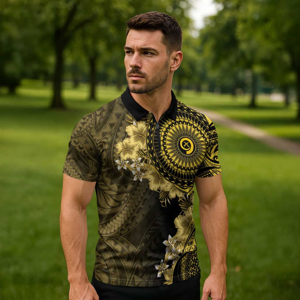 Vanuatu Zipper Polo Shirt Hibisus Polynesian Pattern Gold LT14 - Polynesian Pride