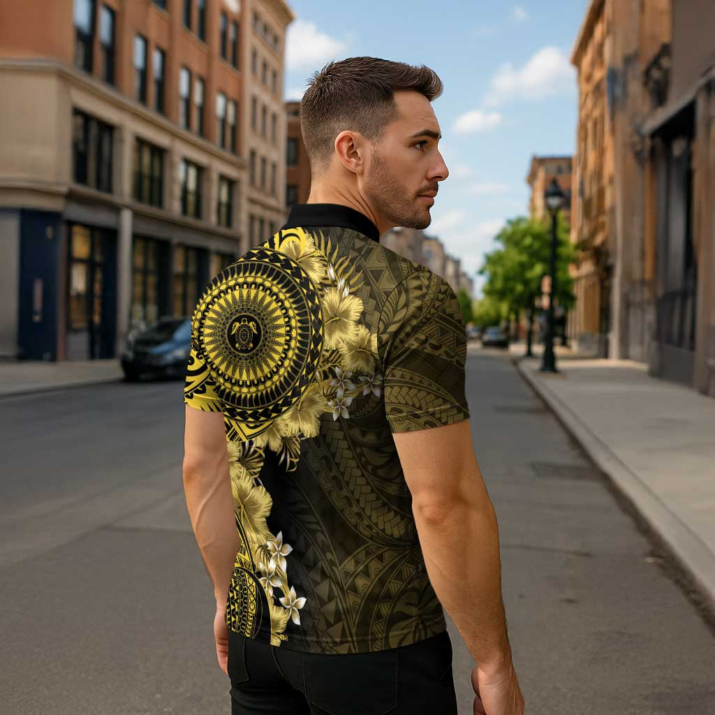 Vanuatu Zipper Polo Shirt Hibisus Polynesian Pattern Gold LT14 - Polynesian Pride