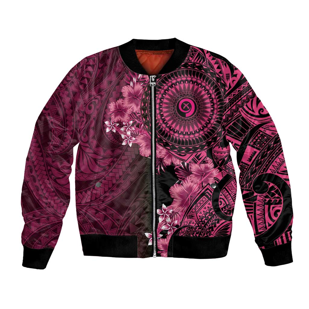 Vanuatu Bomber Jacket Hibisus Polynesian Pattern Pink - Polynesian Pride