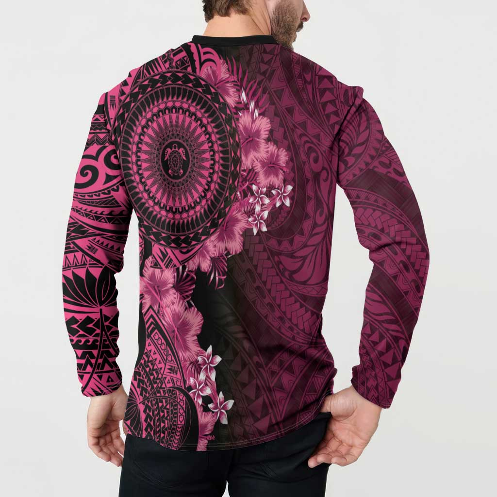 Vanuatu Button Sweatshirt Hibisus Polynesian Pattern Pink LT14 - Polynesian Pride