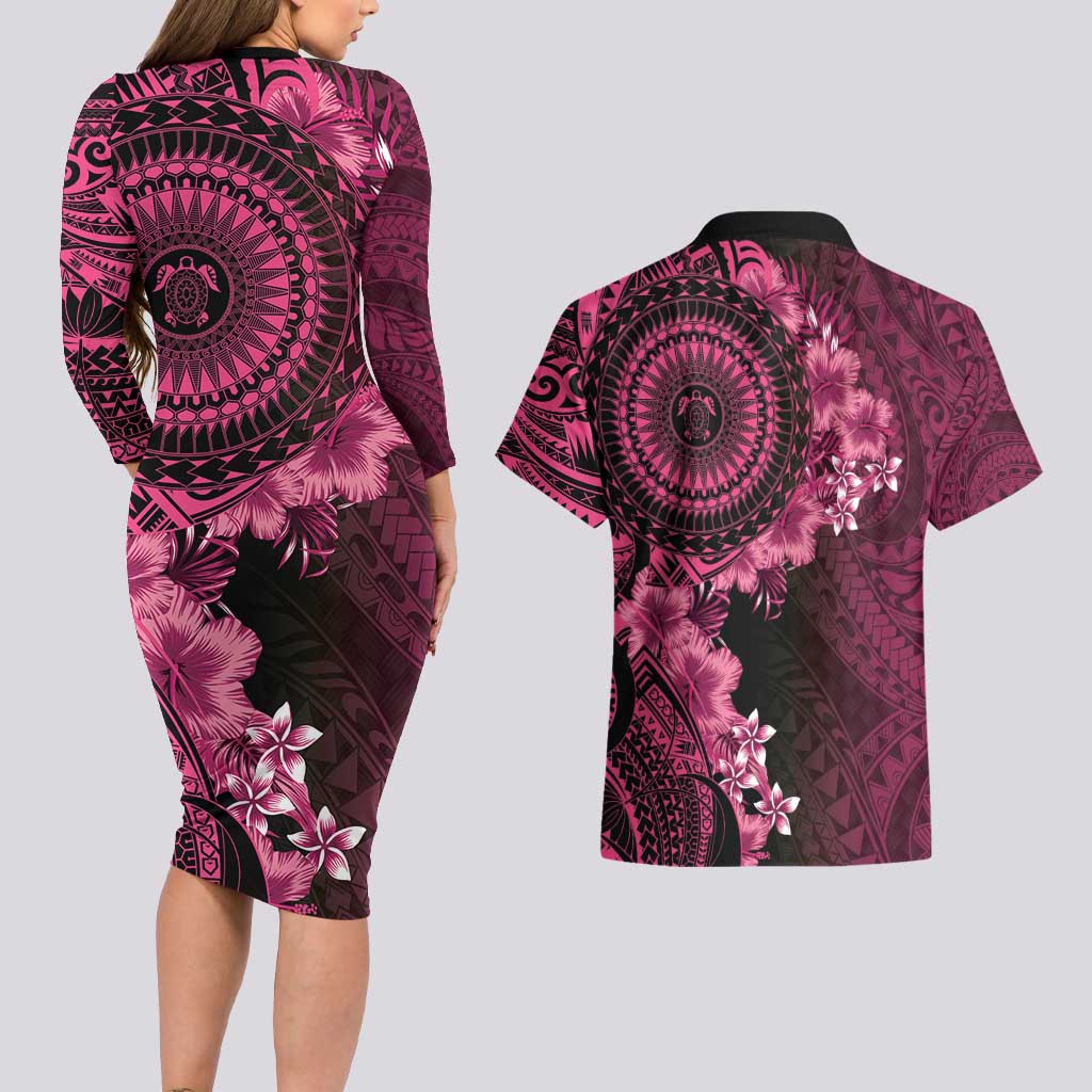 Vanuatu Couples Matching Long Sleeve Bodycon Dress and Hawaiian Shirt Hibisus Polynesian Pattern Pink LT14 - Polynesian Pride
