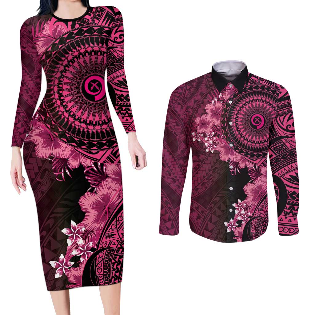 Vanuatu Couples Matching Long Sleeve Bodycon Dress and Long Sleeve Button Shirt Hibisus Polynesian Pattern Pink LT14 Pink - Polynesian Pride