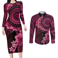 Vanuatu Couples Matching Long Sleeve Bodycon Dress and Long Sleeve Button Shirt Hibisus Polynesian Pattern Pink LT14 Pink - Polynesian Pride