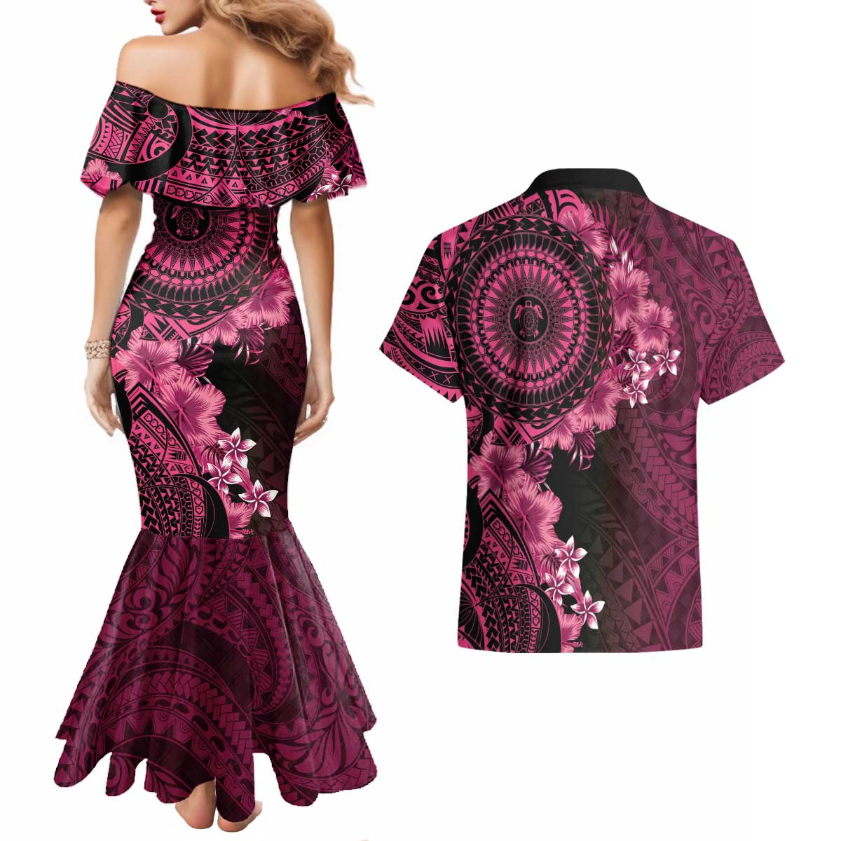 Vanuatu Couples Matching Mermaid Dress and Hawaiian Shirt Hibisus Polynesian Pattern Pink LT14 - Polynesian Pride