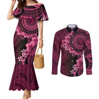 Vanuatu Couples Matching Mermaid Dress and Long Sleeve Button Shirt Hibisus Polynesian Pattern Pink LT14 Pink - Polynesian Pride
