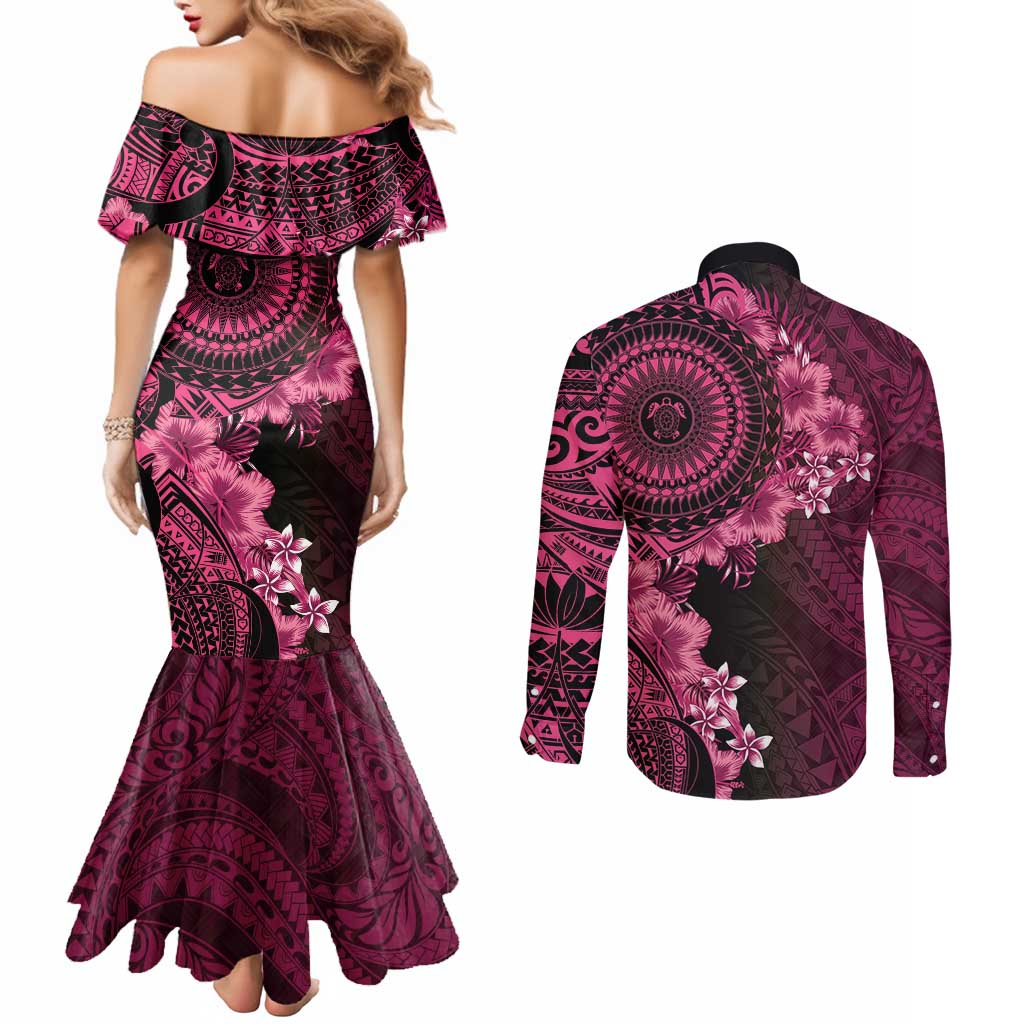 Vanuatu Couples Matching Mermaid Dress and Long Sleeve Button Shirt Hibisus Polynesian Pattern Pink LT14 - Polynesian Pride