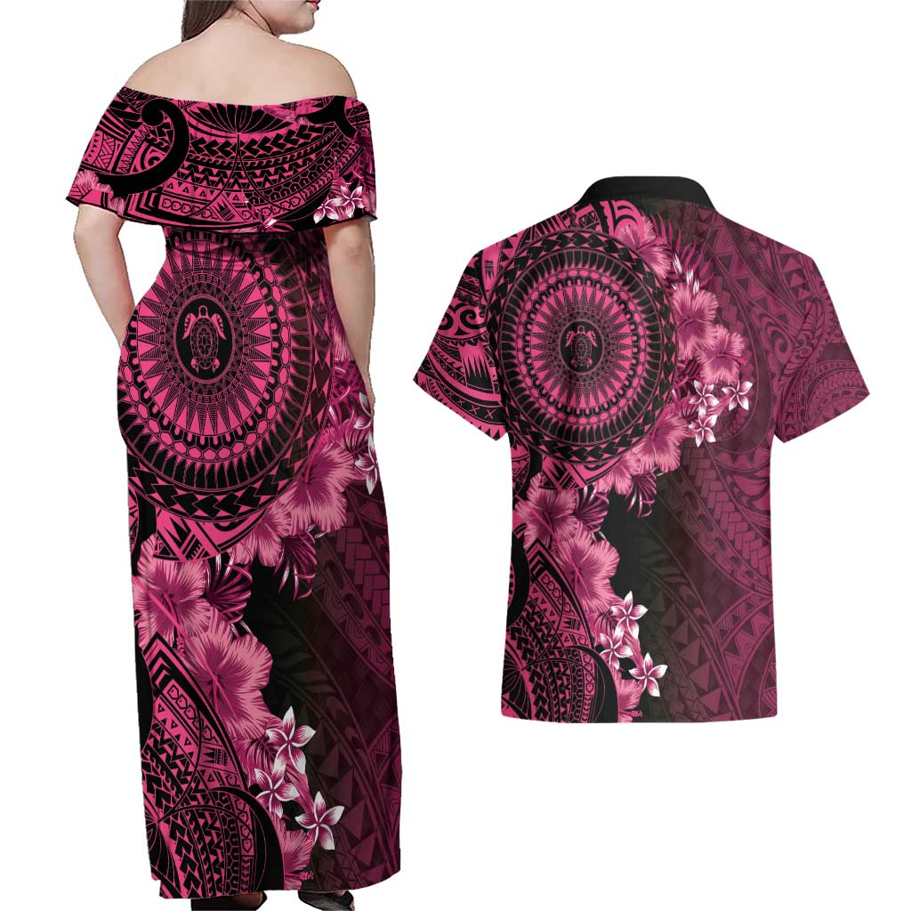 Vanuatu Couples Matching Off Shoulder Maxi Dress and Hawaiian Shirt Hibisus Polynesian Pattern Pink LT14 - Polynesian Pride