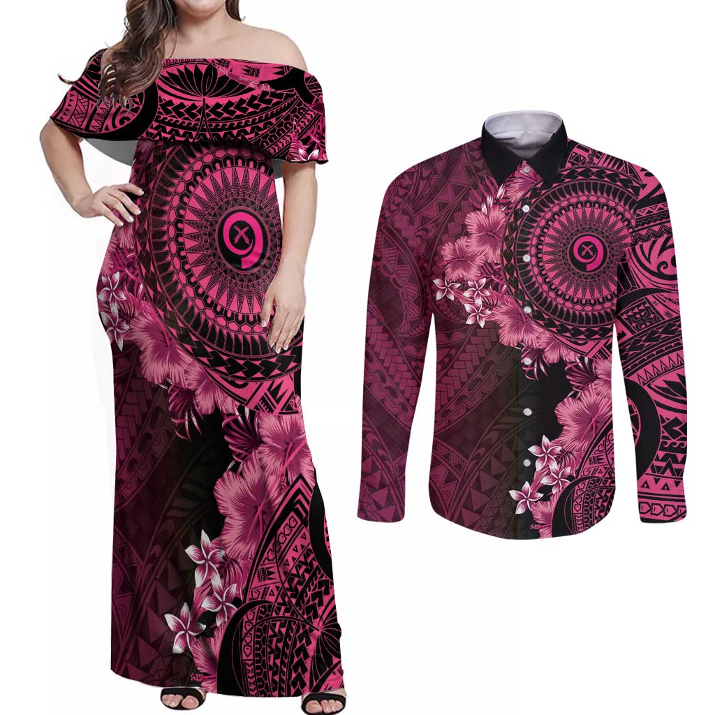 Vanuatu Couples Matching Off Shoulder Maxi Dress and Long Sleeve Button Shirt Hibisus Polynesian Pattern Pink LT14 Pink - Polynesian Pride