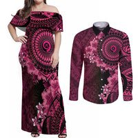 Vanuatu Couples Matching Off Shoulder Maxi Dress and Long Sleeve Button Shirt Hibisus Polynesian Pattern Pink LT14 Pink - Polynesian Pride
