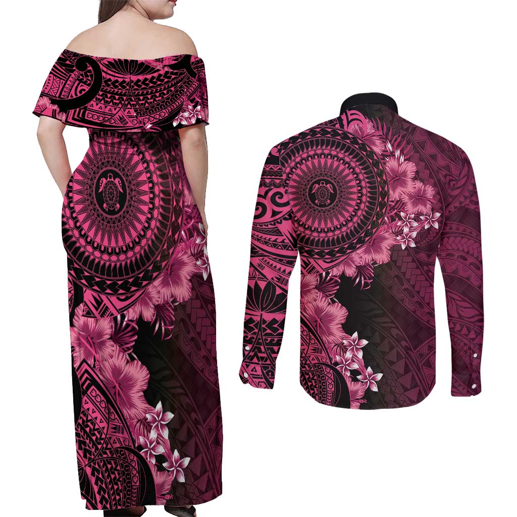 Vanuatu Couples Matching Off Shoulder Maxi Dress and Long Sleeve Button Shirt Hibisus Polynesian Pattern Pink LT14 - Polynesian Pride