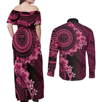 Vanuatu Couples Matching Off Shoulder Maxi Dress and Long Sleeve Button Shirt Hibisus Polynesian Pattern Pink LT14 - Polynesian Pride