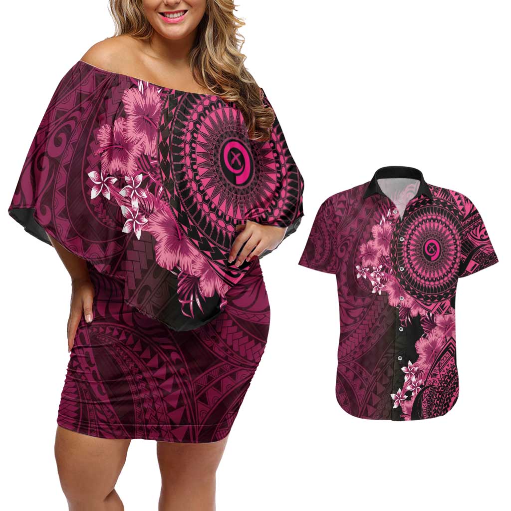 Vanuatu Couples Matching Off Shoulder Short Dress and Hawaiian Shirt Hibisus Polynesian Pattern Pink LT14 Pink - Polynesian Pride