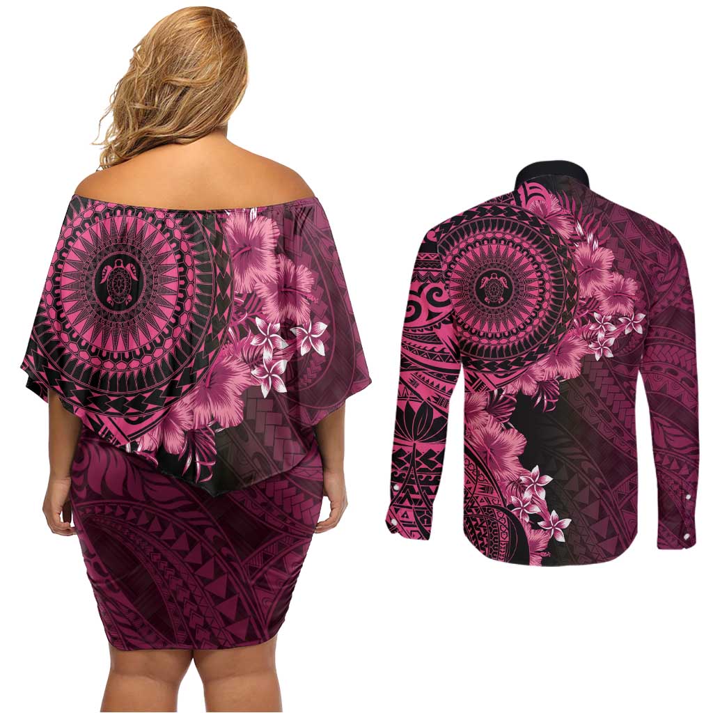Vanuatu Couples Matching Off Shoulder Short Dress and Long Sleeve Button Shirt Hibisus Polynesian Pattern Pink LT14 - Polynesian Pride