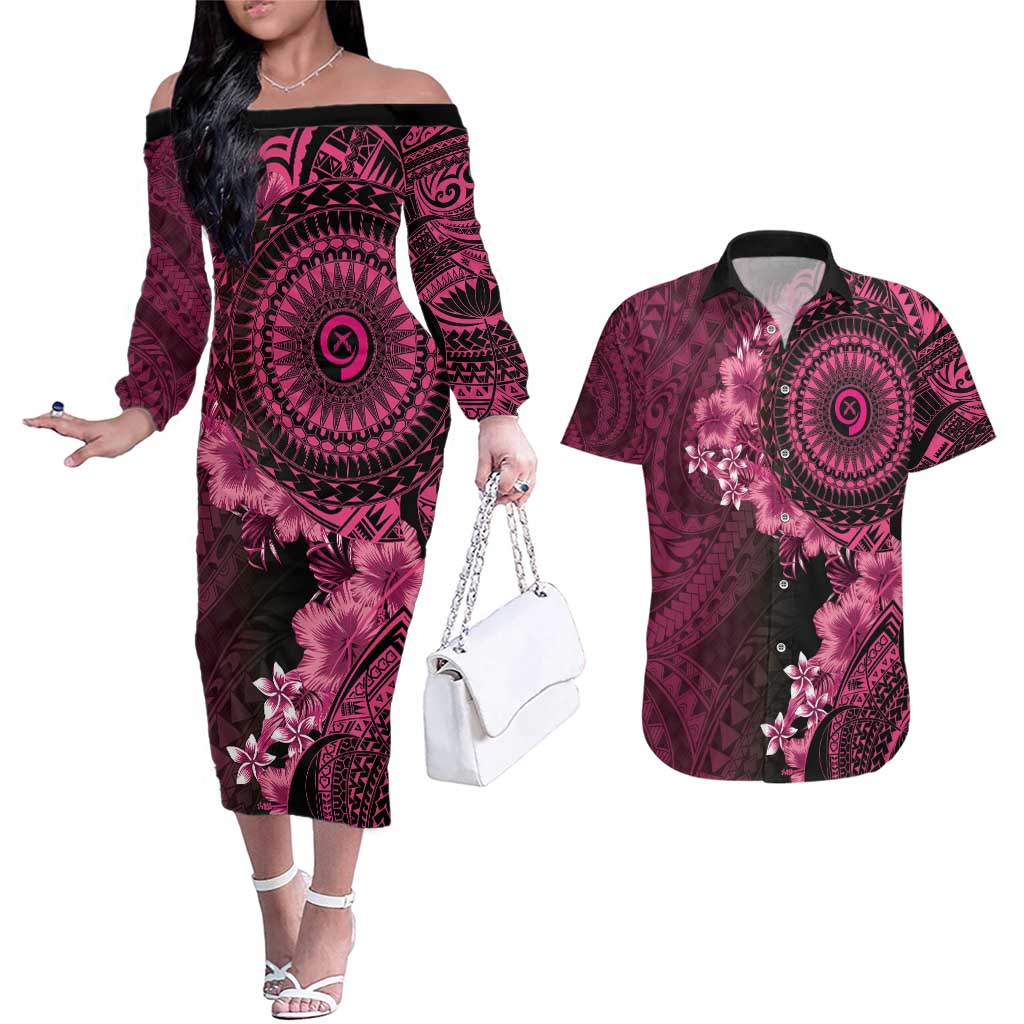 Vanuatu Couples Matching Off The Shoulder Long Sleeve Dress and Hawaiian Shirt Hibisus Polynesian Pattern Pink LT14 Pink - Polynesian Pride