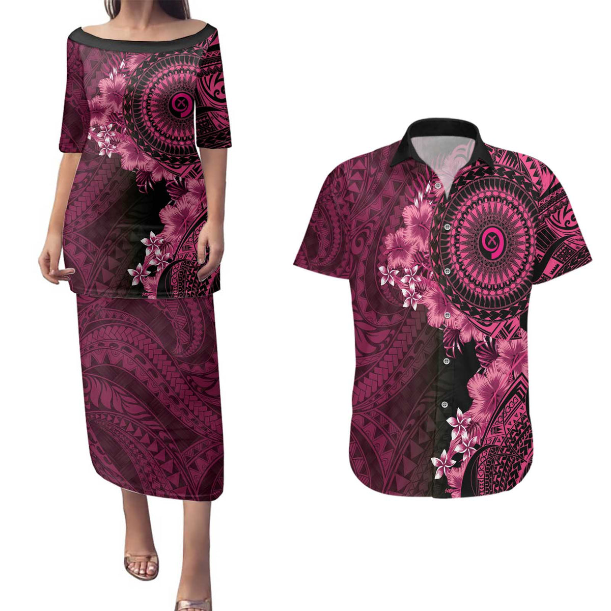 Vanuatu Couples Matching Puletasi and Hawaiian Shirt Hibisus Polynesian Pattern Pink LT14 Pink - Polynesian Pride