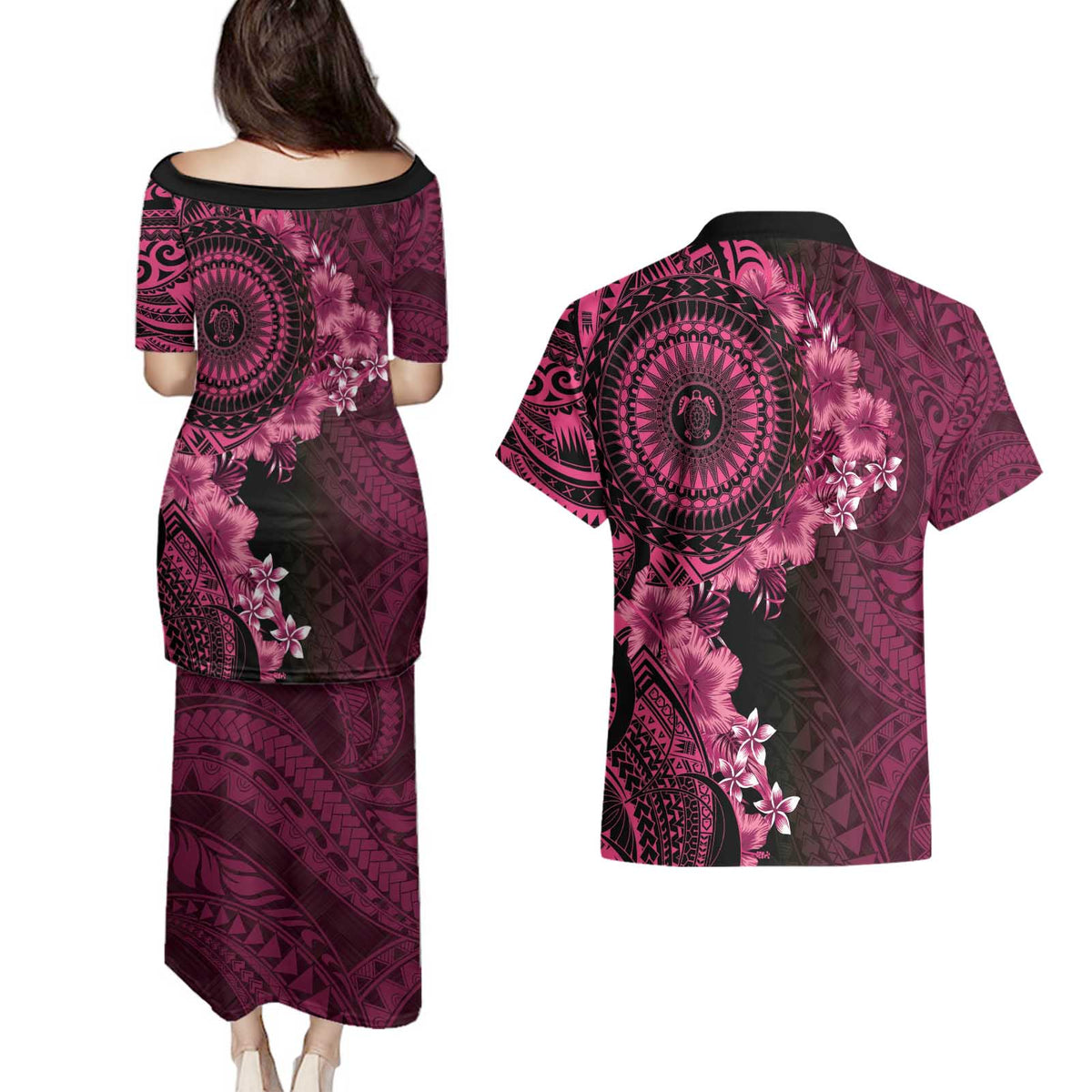 Vanuatu Couples Matching Puletasi and Hawaiian Shirt Hibisus Polynesian Pattern Pink LT14 - Polynesian Pride
