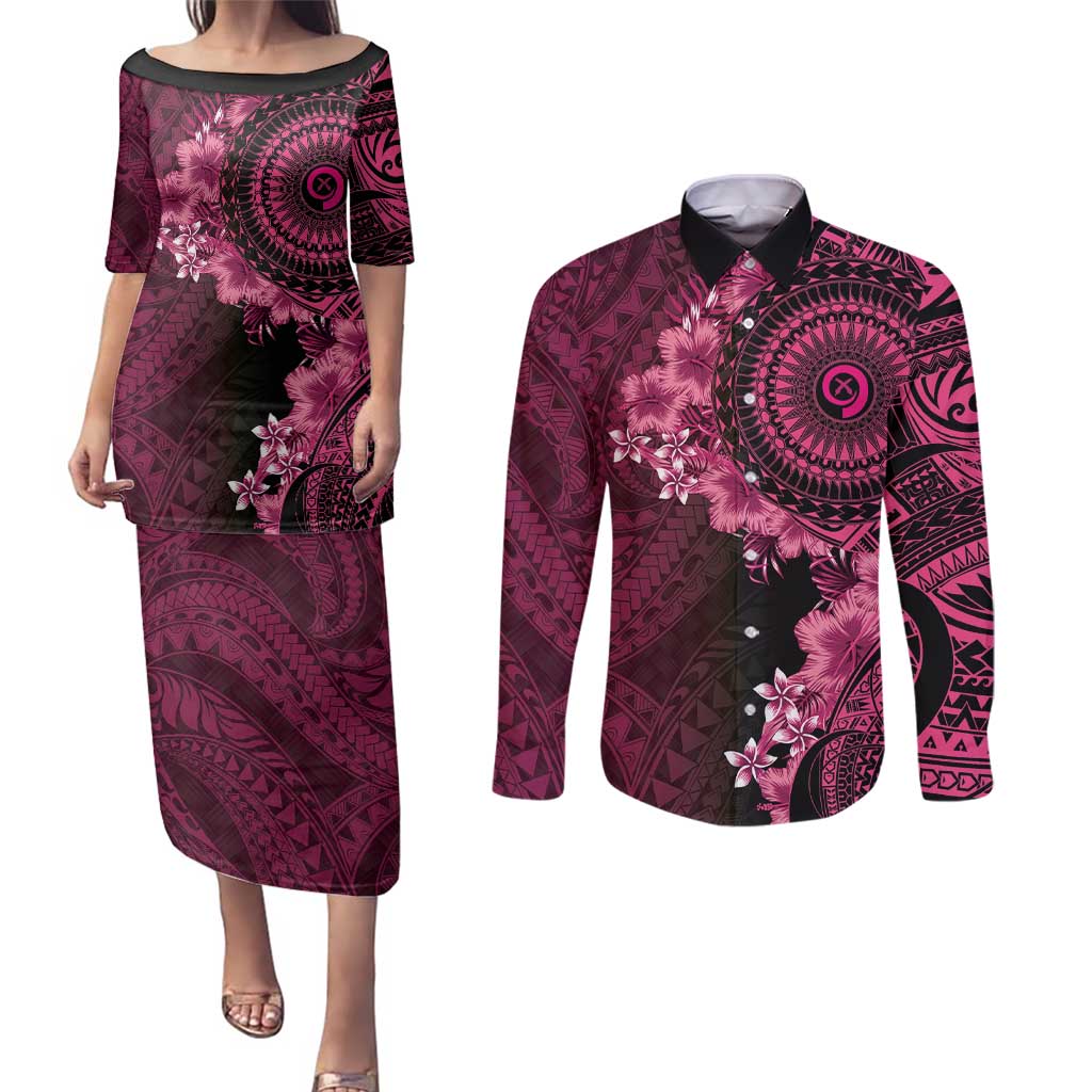 Vanuatu Couples Matching Puletasi and Long Sleeve Button Shirt Hibisus Polynesian Pattern Pink LT14 Pink - Polynesian Pride